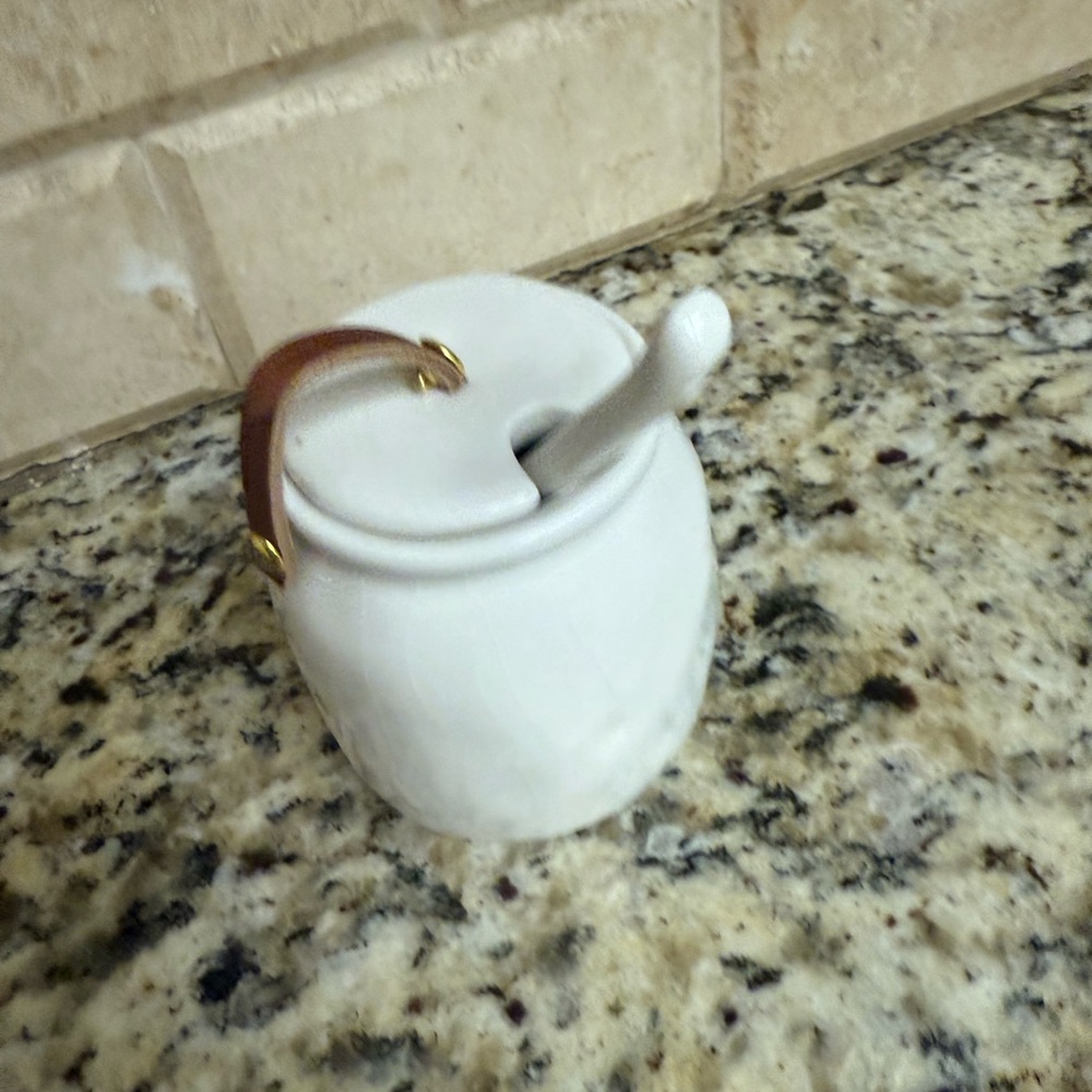 Pier 1 White Ceramic Spice Jar with Brown Leather Handle - Picture 2 of 3